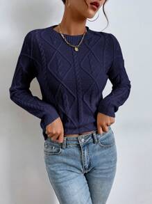 SHEIN Frenchy Solid Cable Knit Drop Shoulder Sweater - Navy Blue - View 3