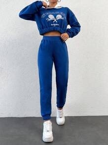 EURMUSE Tennis Racket & Letter Graphic Drop Shoulder Sweatshirt & Sweatpants - Royal Blue - View 4