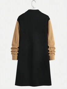 Manfinity Hypemode 1件寬鬆型男士大衣,對比色領子和口袋蓋細節 - 杏色 - 查看 2