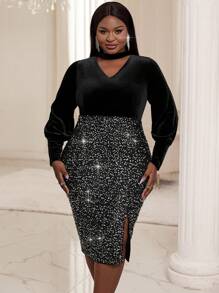 SHEIN Lady Plus Size Shiny Velvet Dress For Women - Multicolor - View 5