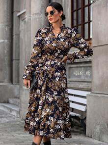 SHEIN EZwear 滿版印花荷葉邊洋裝 - 藏蓝色 - 查看 5