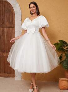 Nơ mặt trước Ống tay áo Lớp phủ lưới Váy dự tiệc - trắng - Xem 3