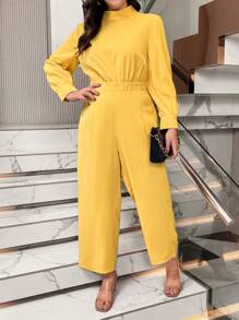 Calvaya Plus Mock Neck Wide Leg Jumpsuit - Yellow - View 4