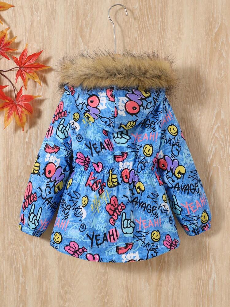 Young Girl Letter & Cartoon Graphic Fuzzy Trim Hooded Thermal Lined Coat Without Sweater
