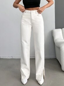 Cottnline Cao eo Viền chia cắt Quần legging thẳng - trắng - Xem 1