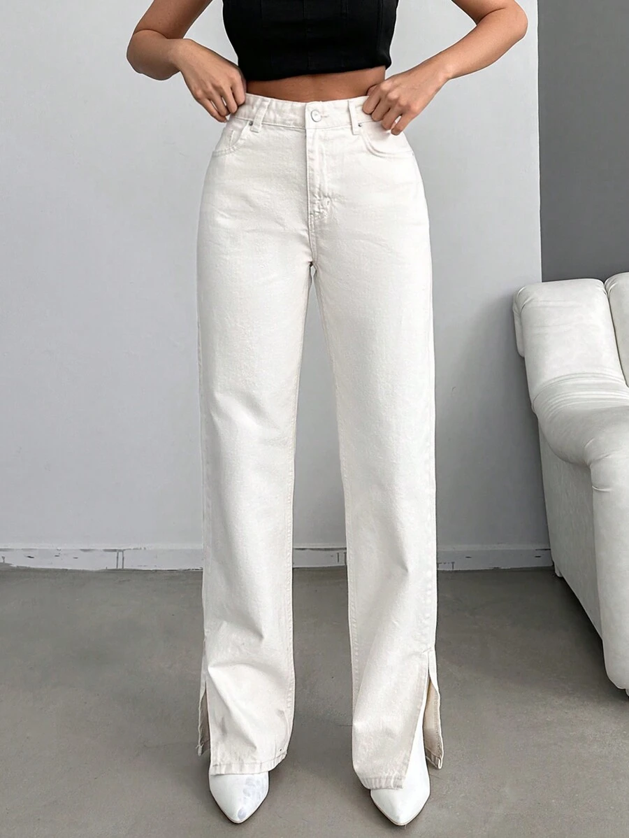 Cottnline Cao eo Viền chia cắt Quần legging thẳng - trắng - Xem 1