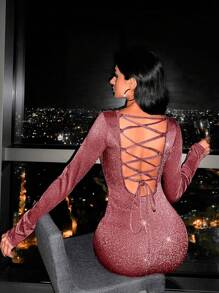 SHEIN Cottnline Ladies' Party Pink Boat Neck Long Sleeve Dress - Hot Pink - View 2