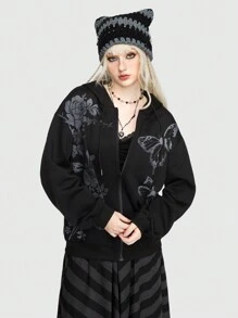 ROMWE Fairycore Của phụ nữ Loại bướm In Dây kéo Hoodie - màu đen - Xem 5