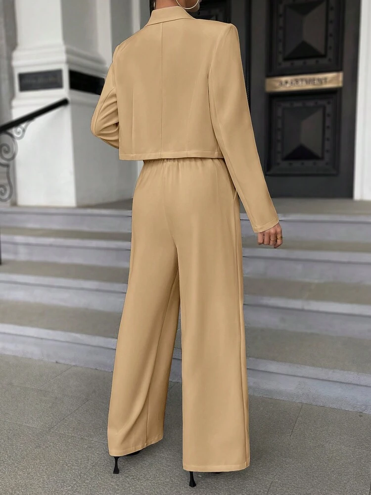 Solid Lapel Neck Blazer & Wide Leg Pants