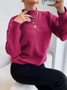 EURMUSE Round Neck Solid Color Drop Shoulder Casual Sweater - Pink - View 4