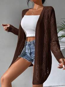 SHEIN LUNE 镂空针织落肩开衫 - 咖啡棕 - 查看 6