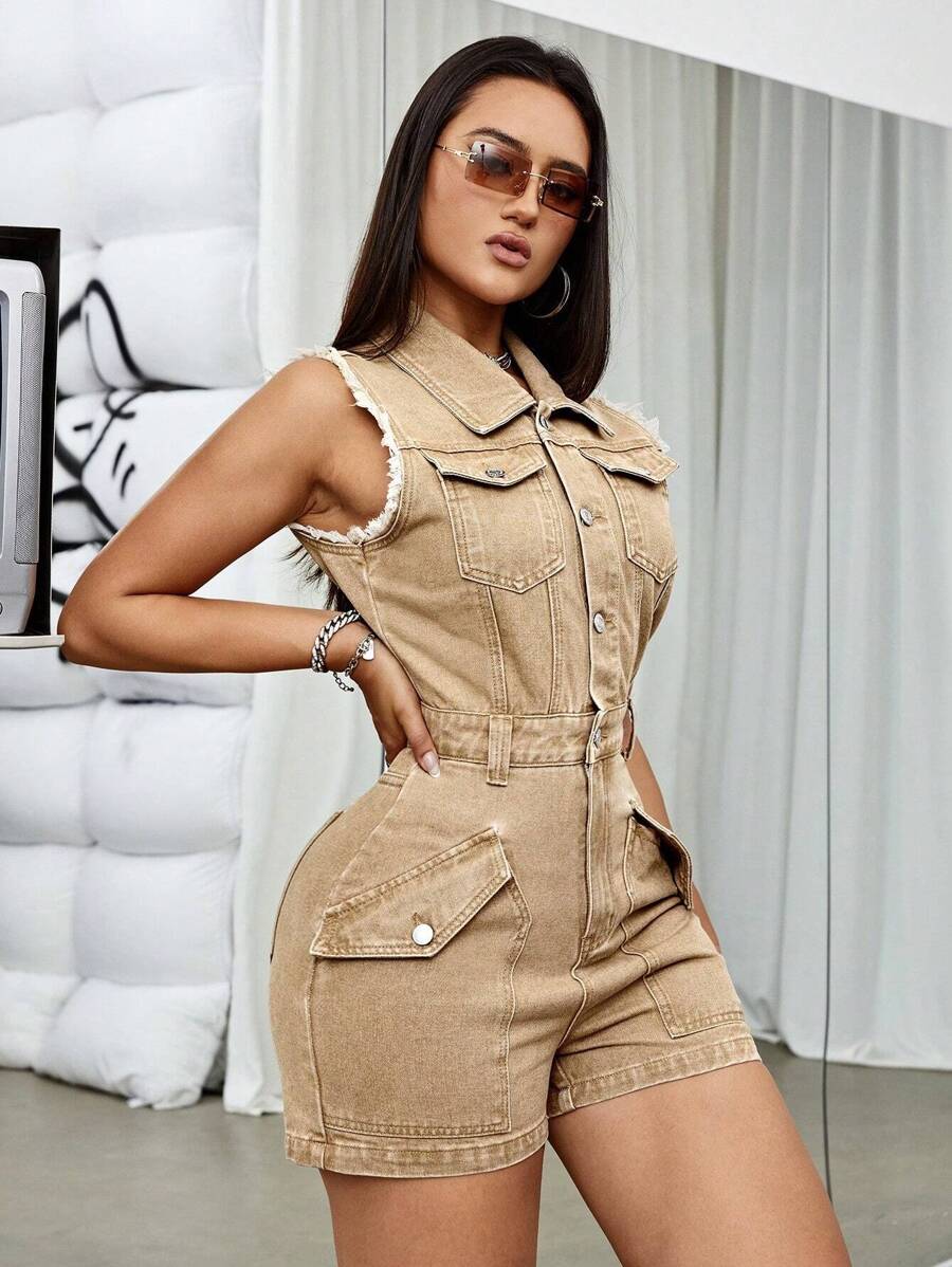 SHEIN ICON 翻蓋口袋毛邊緣牛仔連體短褲 - 卡其色 - 查看 1