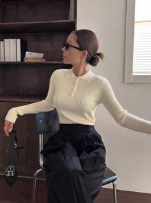 DAZY Suéter De Cuello Polo Para Mujeres Con Ribetes De Bloque De Color - Blanco - Ver 6