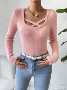 SHEIN Unity 前交叉大圓領毛茸茸套頭毛衣 - 粉色 - 查看 1