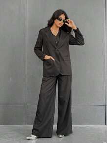 SHEIN Essnce Chất rắn Áo vest & Quần ống rộng & Áo khoác Vest - màu đen - Xem 4