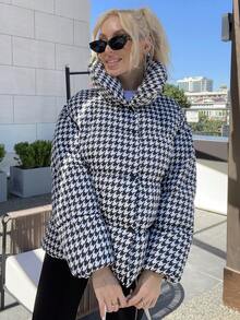 Houndstooth Print Padded Coat - Black and White - View 7