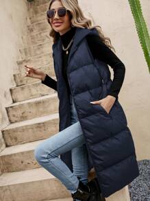 SHEIN Frenchy Solid Drawstring Hooded Puffer Vest Coat - Navy Blue - View 6