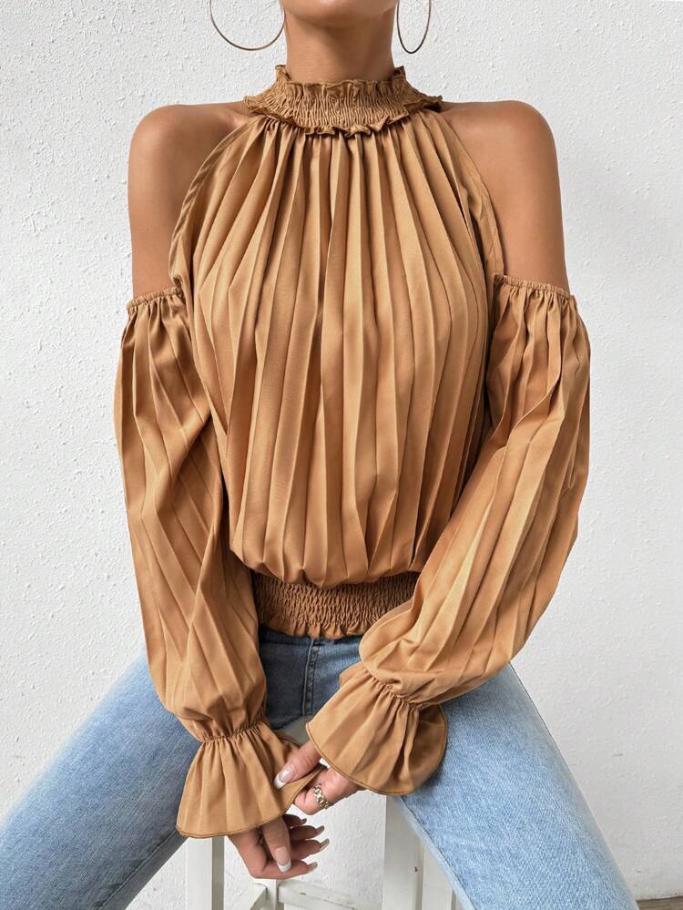 Cold Shoulder Flounce Sleeve Pleated Detail Frill Trim Blouse