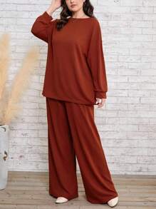 SHEIN CURVE+ Plus Solid Drop Shoulder Tee & Wide Leg Pants - Brown - View 5