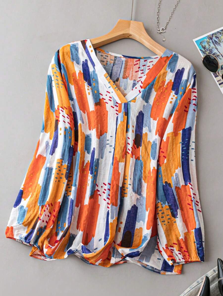 SHEIN CURVE+ 大碼筆刷圖案V領襯衫 - 彩色 - 查看 1