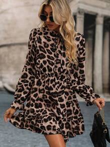 SHEIN LUNE 豹紋印花繫帶領荷葉袖荷葉邊洋裝