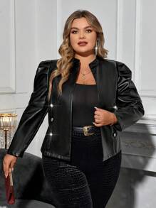SHEIN Clasi Plus Size Bubble Sleeve Pu Jacket - Black - View 5