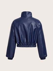 SHEIN EZwear Flap Pocket Drop Shoulder PU Leather Jacket - Dusty Blue - View 2