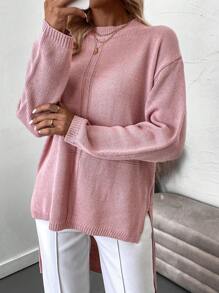 SHEIN LUNE Suéter de punto con hombros caídos y bajo con abertura para otoño e invierno - Rosa vieja - Ver 1
