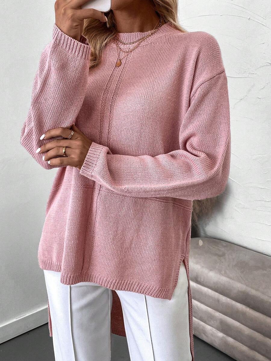 SHEIN LUNE Suéter de punto con hombros caídos y bajo con abertura para otoño e invierno - Rosa vieja - Ver 1
