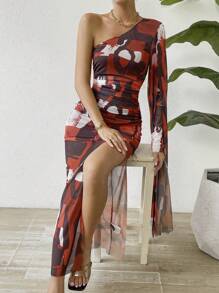 SHEIN Privé 滿版印花單肩高衩洋裝 - 紅色 - 查看 6