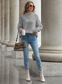 RueChic Suéter De Cuello Alto De Color Liso Para Mujer Con Hombros Caídos, Ajuste Holgado - Gris Claro - Ver 6