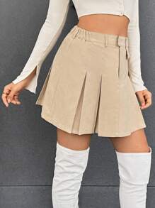 SHEIN Essnce Flap Detail Pleated Skirt - Khaki - View 5