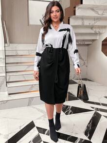 Calvaya Talla grande Vestido con estampado de pincelada de cuello notch fruncido de muslo con abertura - Blanco y Negro - Ver 5