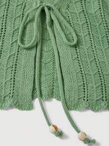 SHEIN MOD Tie Front Scallop Trim Pointelle Knit Cardigan - Green - View 7