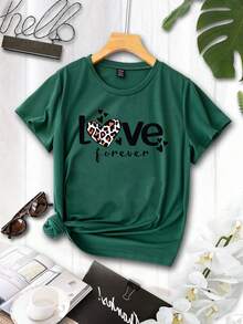 SHEIN Essnce Đồ họa Trái tim & Chữ cái Áo thun - Màu xanh lá cây đậm - Xem 1