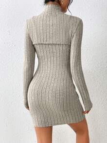 SHEIN Essnce Solid Color Knitted Ribbed Cami Dress And Cropped Top - Khaki - View 2