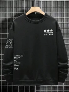 Manfinity Homme 男士標語&星星圖案落肩袖運動衫 - 黑色 - 查看 2