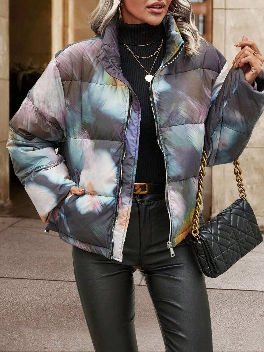 SHEIN LUNE Tie Dye Drop Shoulder Zipper Padded Coat Fall Cloth For Women - Black - View 1
