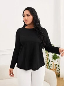 SHEIN Yoga Basic 大碼素色插肩袖運動T恤 - 黑色 - 查看 4