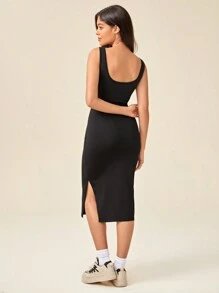 SHEIN Daily&Casual Chất rắn Tách đùi Xe tăng Quần áo thể thao - màu đen - Xem 1