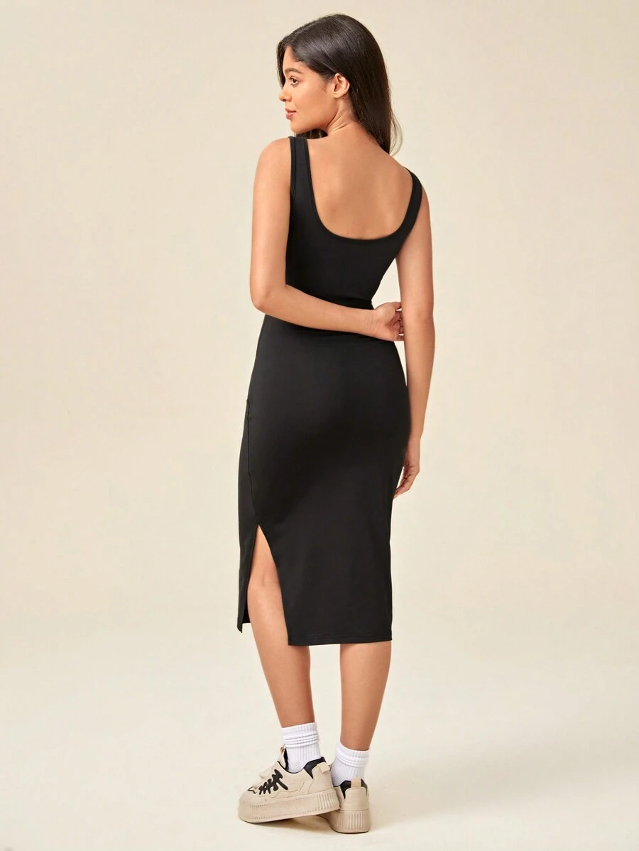 SHEIN Daily&Casual Chất rắn Tách đùi Xe tăng Quần áo thể thao - màu đen - Xem 1