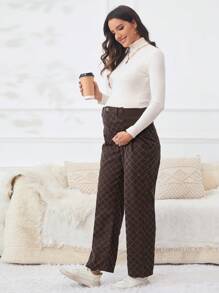 SHEIN Maternity High Waist Plaid Straight Leg Jeans - Brown - View 1