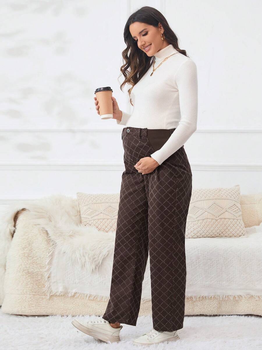 SHEIN Maternity High Waist Plaid Straight Leg Jeans - Brown - View 1