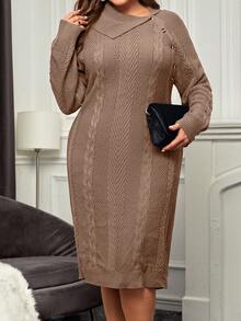 EMERY ROSE Talla grande Vestido de punto de cuello asimétrico de manga raglán con diseño de botón tejido de cable - Caqui - Ver 3