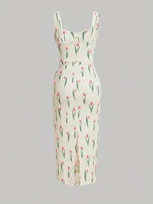 SHEIN MOD Vải in hoa Mặt trước xoắn Viền chia cắt Đầm - Màu vàng - Xem 2