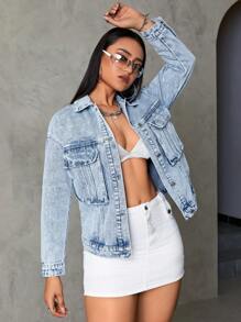 SHEIN ICON Flap Pocket Drop Shoulder Denim Jacket - Light Wash - View 6