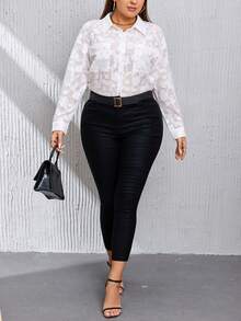 SHEIN Privé Plus Floral Jacquard Drop Shoulder Shirt - White - View 6