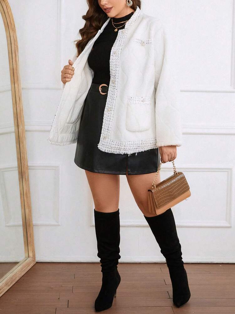 Plus Size Short Woolen Jacket With Patchwork Design