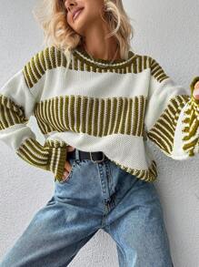 EURMUSE Striped Pattern Drop Shoulder Sweater - Mustard Yellow - View 5