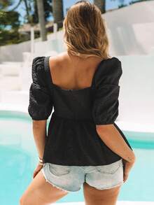 Cổ vuông Ống tay áo Xoay eo Schiffy Áo sơ mi - màu đen - Xem 2